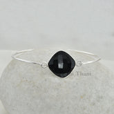 Black Onyx Beautiful 18mm Diamond Cut Faceted 925 Sterling Silver Bangle, Diamond Cut Bracelet For Women